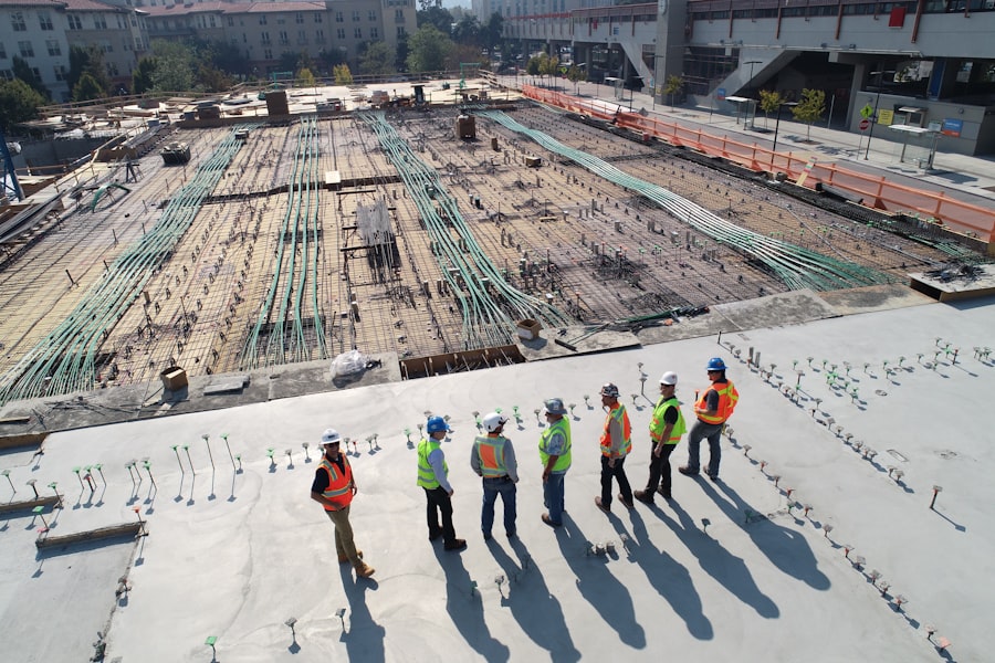 Construction crew reviewing an active job site